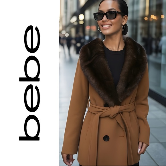 Bebe Trench Coat with Faux Fur Collar - Picture 1 of 2